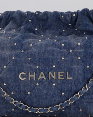 Chanel Small 22 Bag in Quilted Denim Fabric with Silver Studs and Brushed Silver Hardware