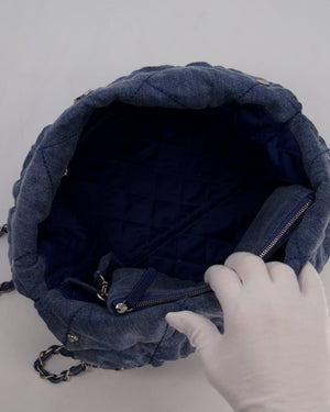 Chanel Small 22 Bag in Quilted Denim Fabric with Silver Studs and Brushed Silver Hardware