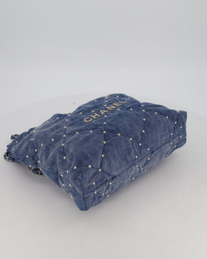Chanel Small 22 Bag in Quilted Denim Fabric with Silver Studs and Brushed Silver Hardware