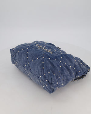 Chanel Small 22 Bag in Quilted Denim Fabric with Silver Studs and Brushed Silver Hardware
