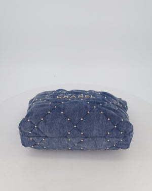 Chanel Small 22 Bag in Quilted Denim Fabric with Silver Studs and Brushed Silver Hardware