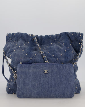 Chanel Small 22 Bag in Quilted Denim Fabric with Silver Studs and Brushed Silver Hardware