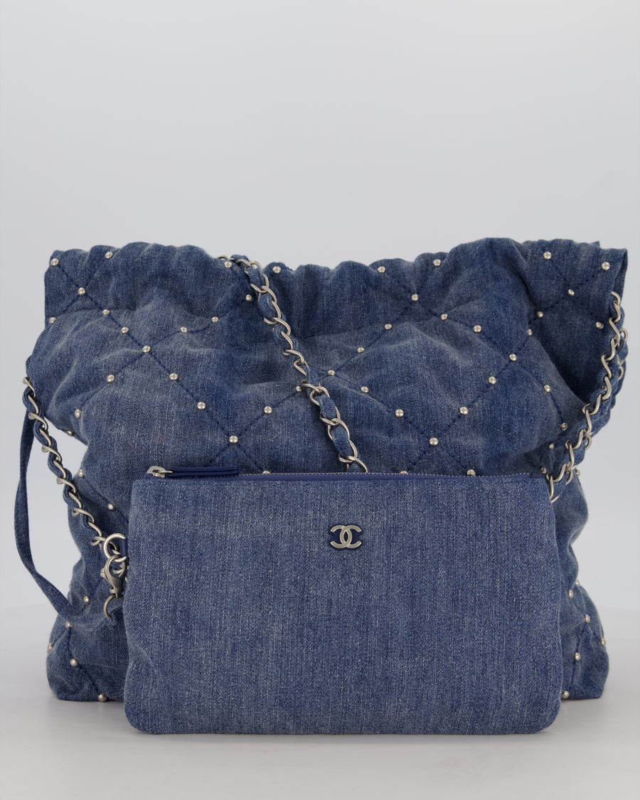 Chanel Small 22 Bag in Quilted Denim Fabric with Silver Studs and Brushed Silver Hardware