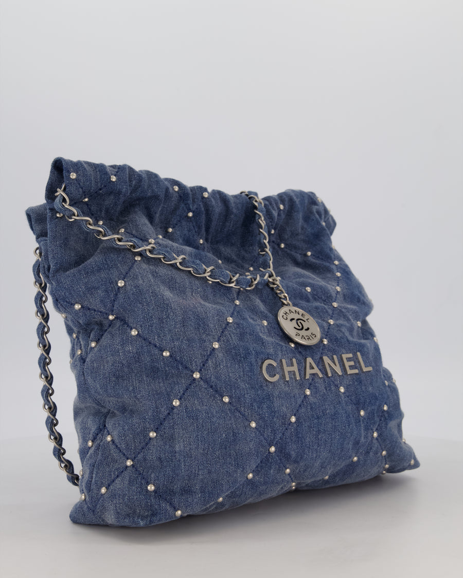 Chanel Small 22 Bag in Quilted Denim Fabric with Silver Studs and Brushed Silver Hardware
