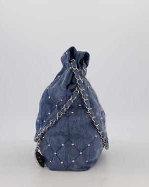 Chanel Small 22 Bag in Quilted Denim Fabric with Silver Studs and Brushed Silver Hardware