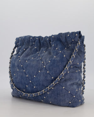Chanel Small 22 Bag in Quilted Denim Fabric with Silver Studs and Brushed Silver Hardware