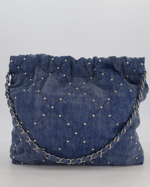 Chanel Small 22 Bag in Quilted Denim Fabric with Silver Studs and Brushed Silver Hardware