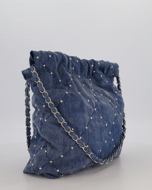 Chanel Small 22 Bag in Quilted Denim Fabric with Silver Studs and Brushed Silver Hardware