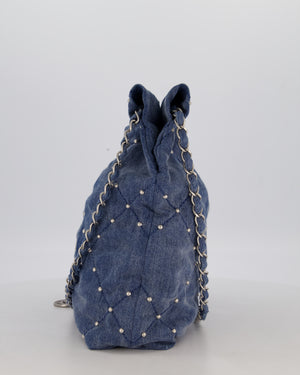 Chanel Small 22 Bag in Quilted Denim Fabric with Silver Studs and Brushed Silver Hardware