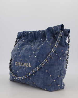 Chanel Small 22 Bag in Quilted Denim Fabric with Silver Studs and Brushed Silver Hardware