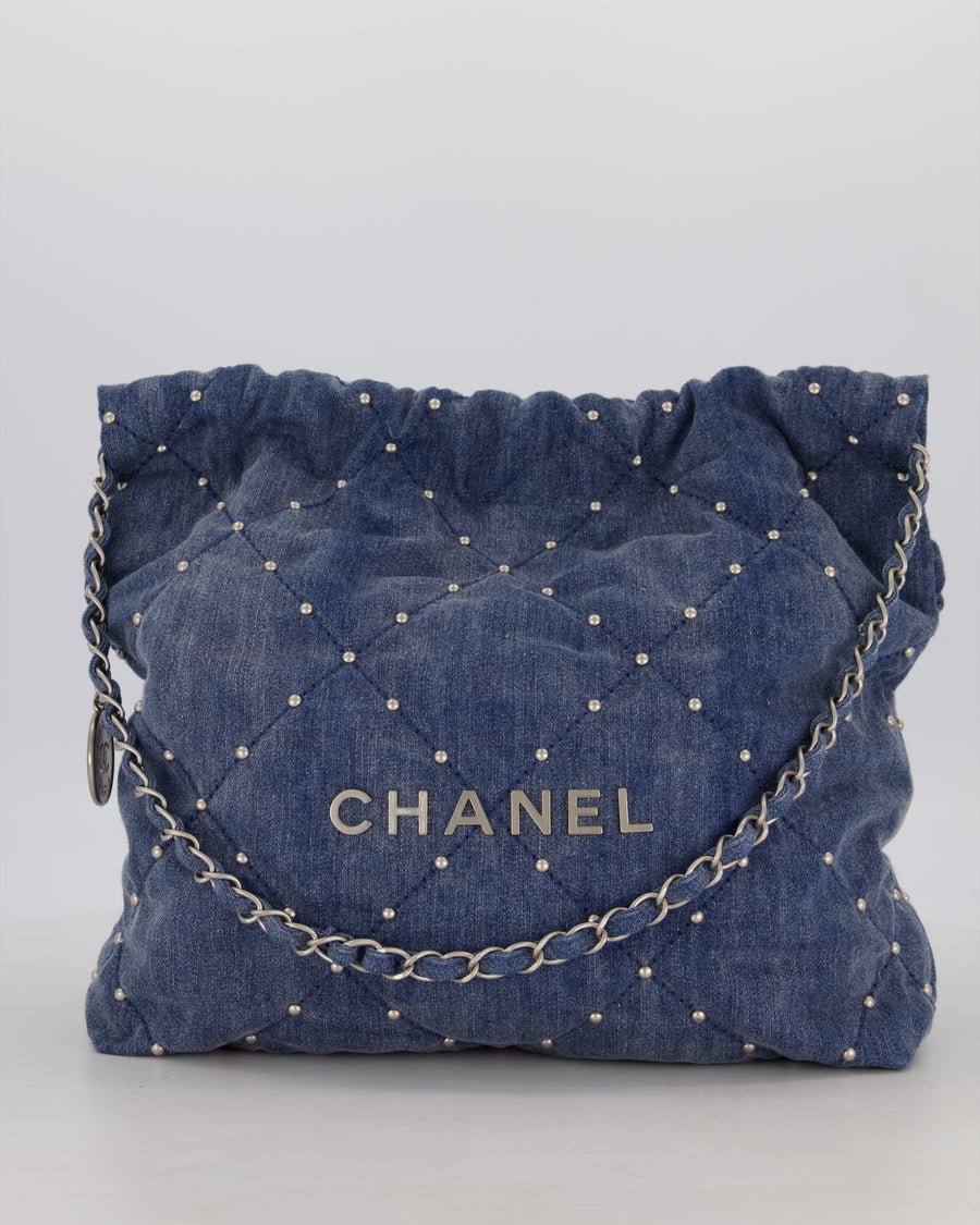 Chanel Small 22 Bag in Quilted Denim Fabric with Silver Studs and Brushed Silver Hardware