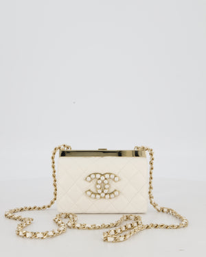 *HOT* Chanel White 2023 Métiers d'art Quilted Micro Bag in Lambskin Leather with Champagne Gold Hardware & Pearl CC Details