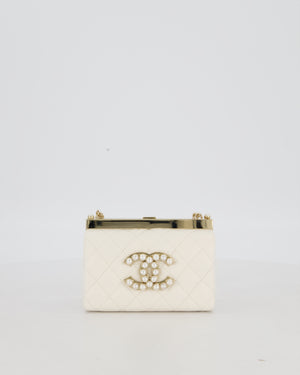 *HOT* Chanel White 2023 Métiers d'art Quilted Micro Bag in Lambskin Leather with Champagne Gold Hardware & Pearl CC Details
