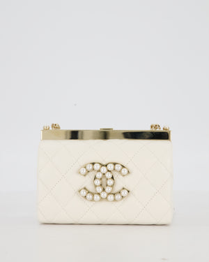 *HOT* Chanel White 2023 Métiers d'art Quilted Micro Bag in Lambskin Leather with Champagne Gold Hardware & Pearl CC Details