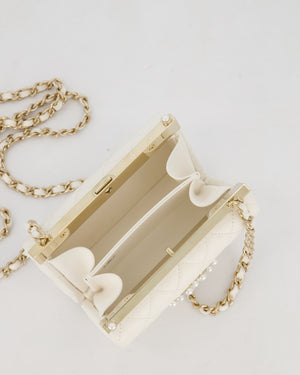 *HOT* Chanel White 2023 Métiers d'art Quilted Micro Bag in Lambskin Leather with Champagne Gold Hardware & Pearl CC Details