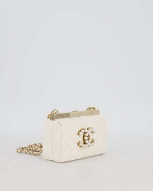 *HOT* Chanel White 2023 Métiers d'art Quilted Micro Bag in Lambskin Leather with Champagne Gold Hardware & Pearl CC Details