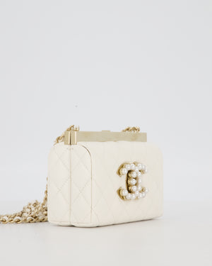 *HOT* Chanel White 2023 Métiers d'art Quilted Micro Bag in Lambskin Leather with Champagne Gold Hardware & Pearl CC Details