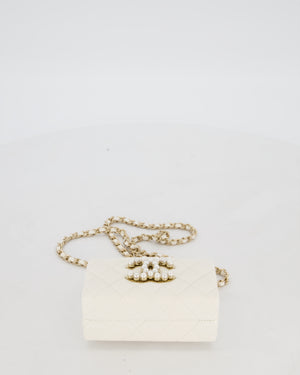 *HOT* Chanel White 2023 Métiers d'art Quilted Micro Bag in Lambskin Leather with Champagne Gold Hardware & Pearl CC Details