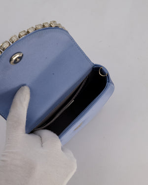 L'alingi Mini Lily in Light Blue Satin Clutch Bag with Crystal-Encrusted Handle