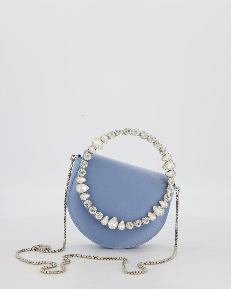 L'alingi Mini Lily in Light Blue Satin Clutch Bag with Crystal-Encrusted Handle