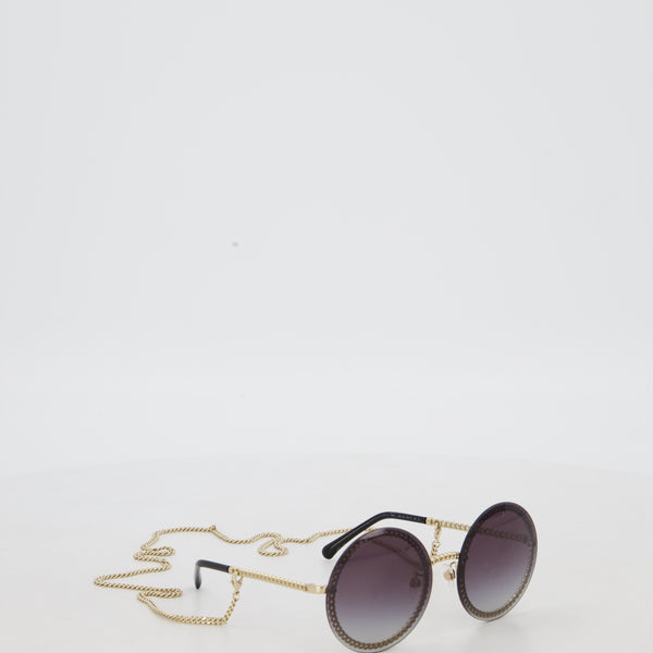 Chanel CC Logo Round Sunglasses with Chain Silver Clear Brown Case Necklace CHANEL Vintage 1993 Iconic CHANEL PARIS CC Logo Round Black  main image 4