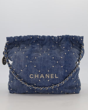 Chanel Small 22 Bag in Quilted Denim Fabric with Silver Studs and Brushed Silver Hardware