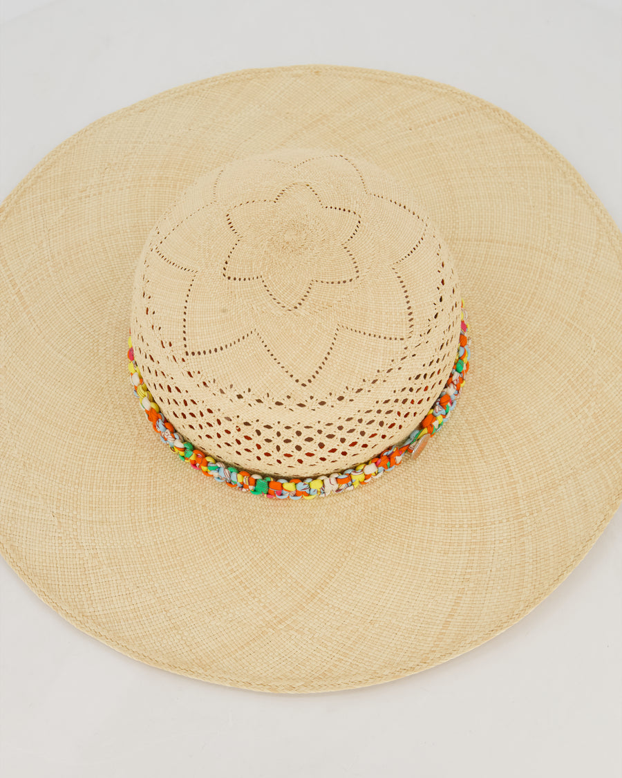 Hermès Panama Hat in Natural and Amazone Pop Silk Size 56cm