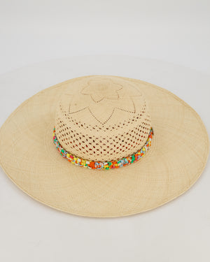 Hermès Panama Hat in Natural and Amazone Pop Silk Size 56cm