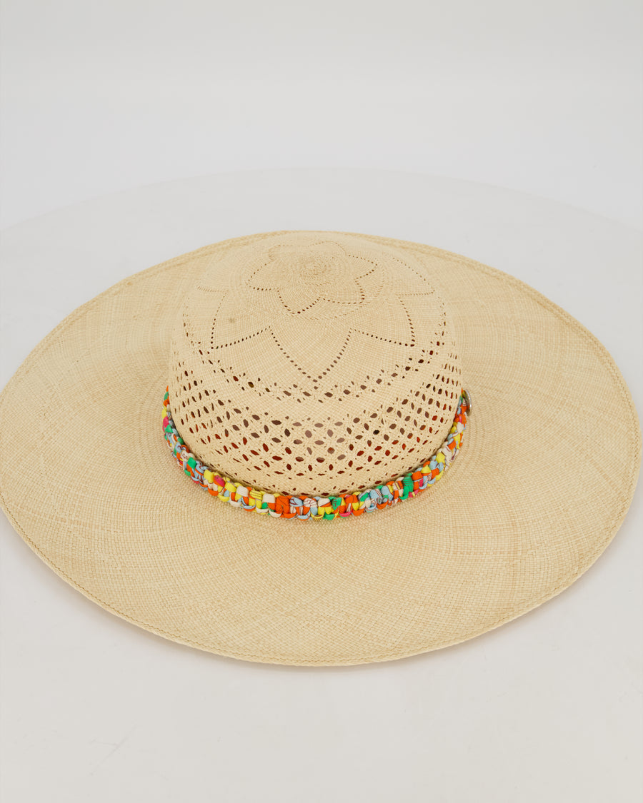 Hermès Panama Hat in Natural and Amazone Pop Silk Size 56cm