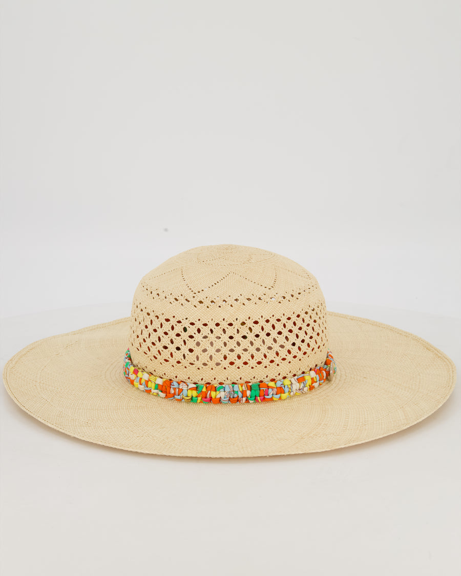 Hermès Panama Hat in Natural and Amazone Pop Silk Size 56cm