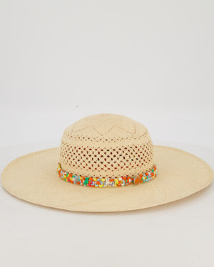 Hermès Panama Hat in Natural and Amazone Pop Silk Size 56cm