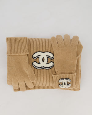 Chanel Caramel Brown Cashmere Scarf and Gloves Set with CC Logo