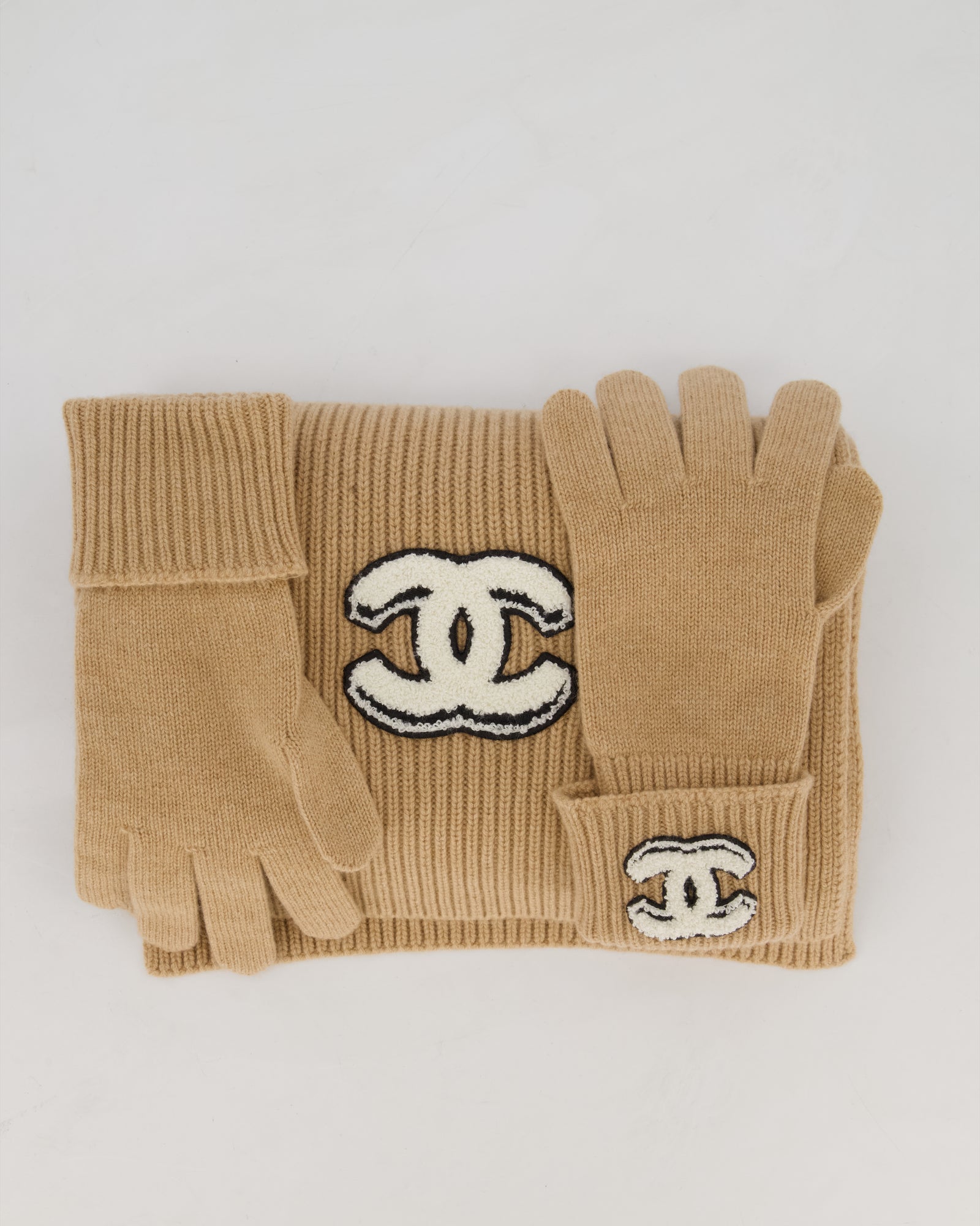 Chanel Caramel Brown Cashmere Scarf and Gloves Set with CC Logo
