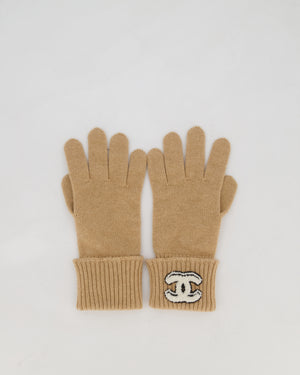 Chanel Caramel Brown Cashmere Scarf and Gloves Set with CC Logo