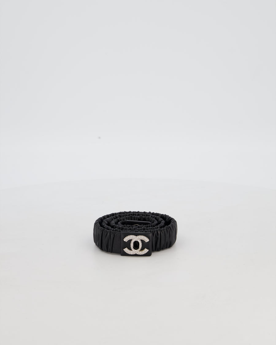 Chanel 22/B Black Ruched Belt with Diamante CC Logo Detail Size 80cm