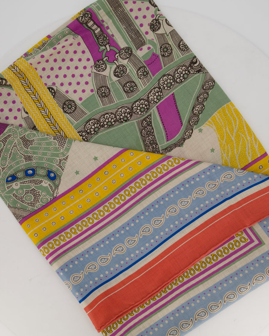 Hermès Pink, Blue, and Yellow "Selle de Dignitaire" Cashmere and Silk Shawl