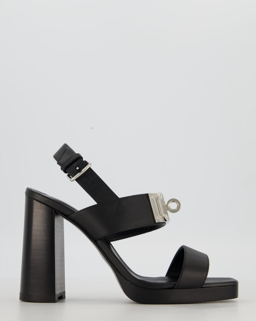 Hermès Ilona 90 Heeled Sandals in Noir Calfskin Leather with Palladium Hardware Size EU 38