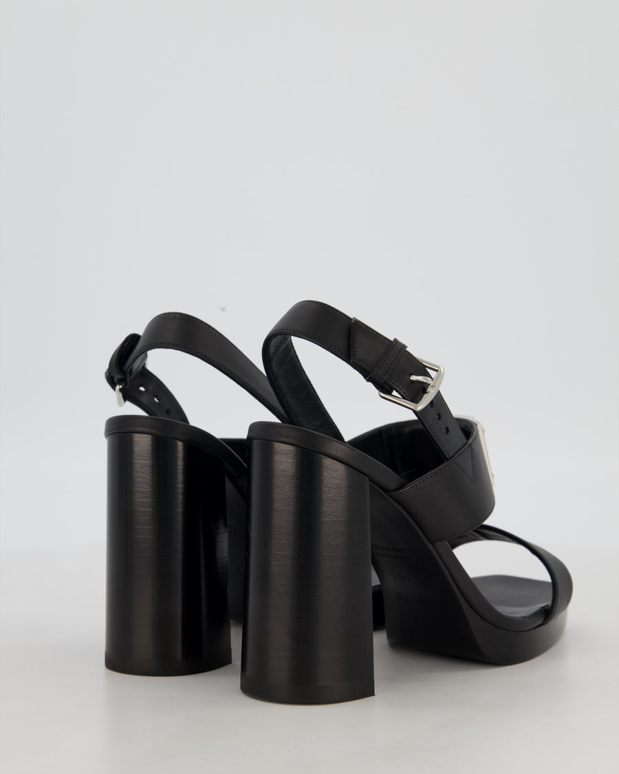 Hermès Ilona 90 Heeled Sandals in Noir Calfskin Leather with Palladium Hardware Size EU 38