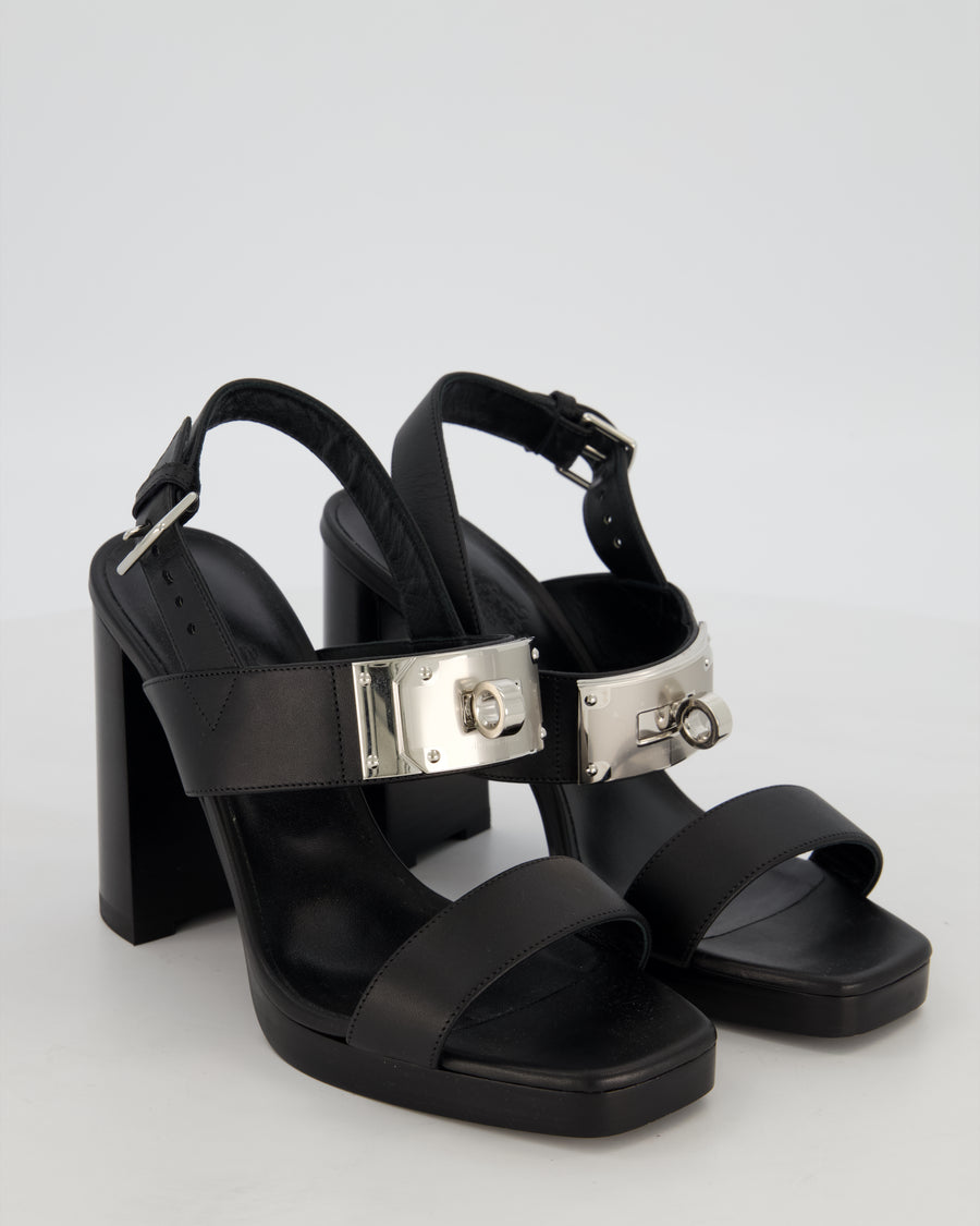 Hermès Ilona 90 Heeled Sandals in Noir Calfskin Leather with Palladium Hardware Size EU 38