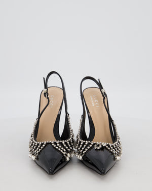 Gucci Guinevere Black Patent Heels with Crystal Chain Embellishments Size EU 38