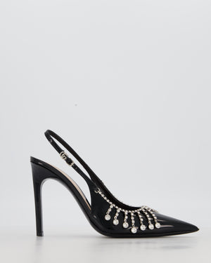 Gucci Guinevere Black Patent Heels with Crystal Chain Embellishments Size EU 38