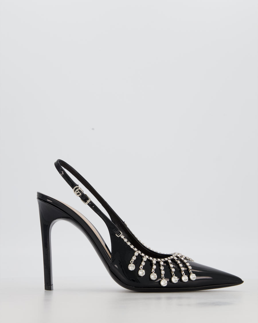 Gucci Guinevere Black Patent Heels with Crystal Chain Embellishments Size EU 38