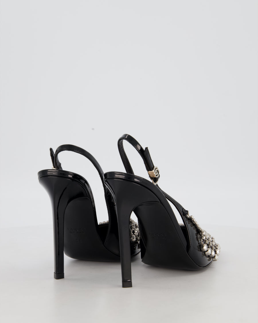 Gucci Guinevere Black Patent Heels with Crystal Chain Embellishments Size EU 38