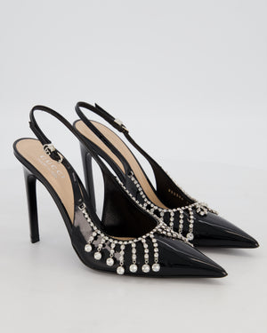 Gucci Guinevere Black Patent Heels with Crystal Chain Embellishments Size EU 38