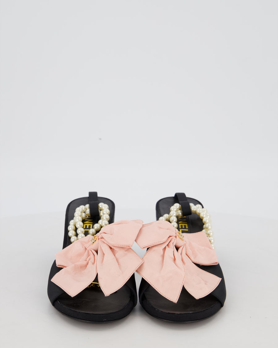 Chanel 24A Black and Pink Bow and Pearl Heeled Sandals Size EU 38