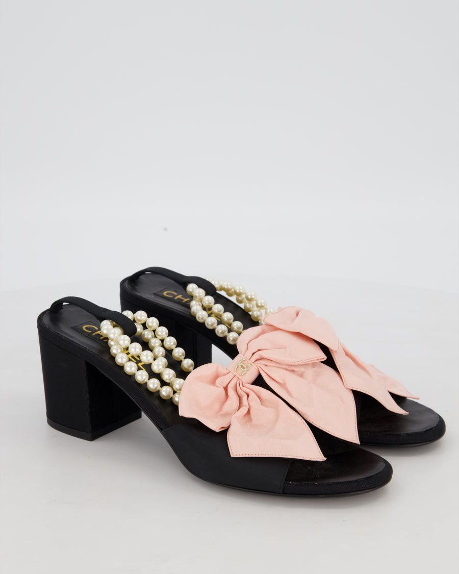 Chanel 24A Black and Pink Bow and Pearl Heeled Sandals Size EU 38