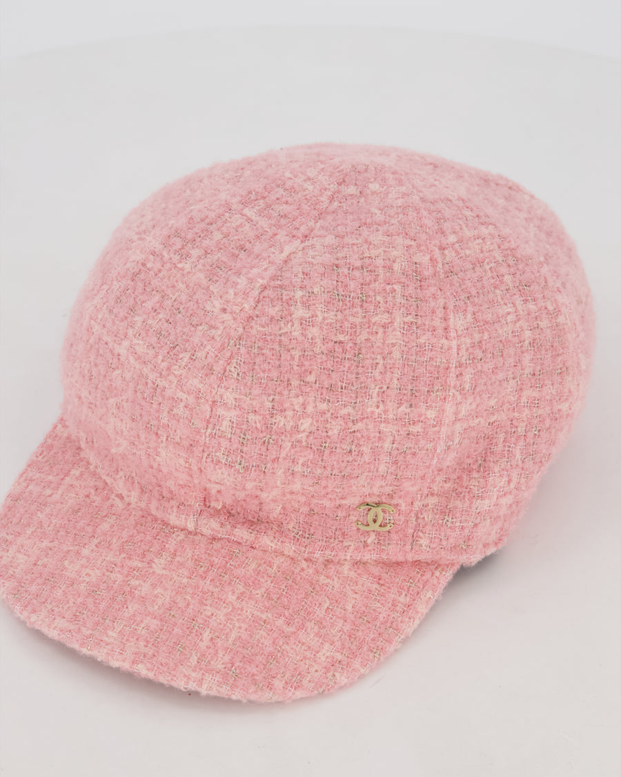 Chanel Pink, White, and Silver Newsboy Hat with Gold CC Logo Detail and Elasticated Back One Size