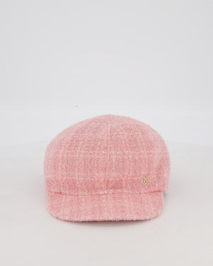 Chanel Pink, White, and Silver Newsboy Hat with Gold CC Logo Detail and Elasticated Back One Size