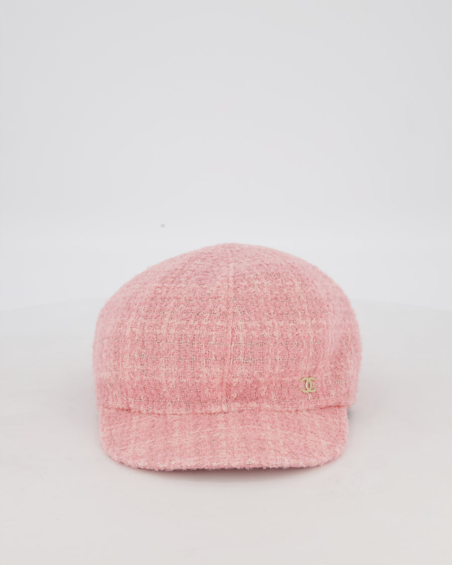 Chanel Pink, White, and Silver Newsboy Hat with Gold CC Logo Detail and Elasticated Back One Size