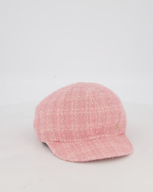 Chanel Pink, White, and Silver Newsboy Hat with Gold CC Logo Detail and Elasticated Back One Size